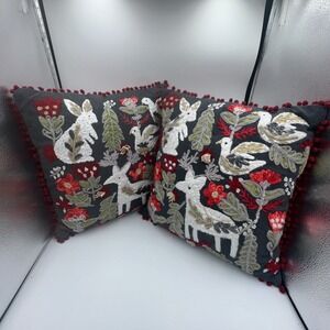 Pier 1 Holiday Set 2 Accent Throw Pillow 15x15 Christmas Wool Blend Embroidered